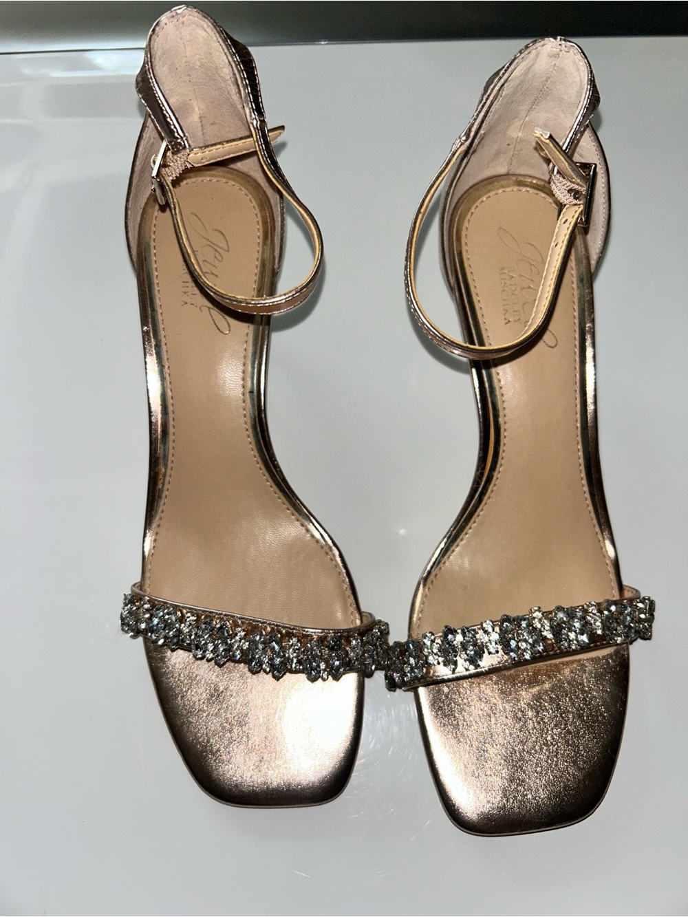 Badgley Mischka Metallic Rose Gold Crystal Strap Open-Toe Heels